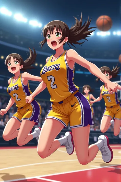 Sweating Anime girls jumping in lakers jersey side view head third quarter view