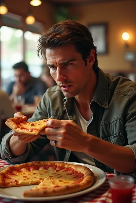 Create the actor TOM CRUISE eating a cheese pizza