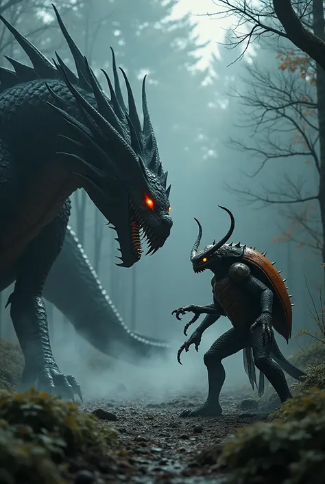 "In a dark, eerie forest, a massive, menacing dragon and an equally intimidating beetle stand side by side, ready for battle. The dragon has dark, jagged scales with hints of red and orange, its eyes glowing fiercely, and sharp claws gripping the ground. I...