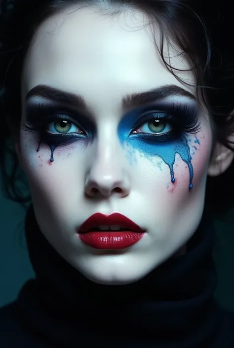 Makeup inspired by Hellraiser and Alien ,  with white colors , therefore, blue and red. No eyeliner ,  with long lashes and medium thickness eyebrows.  High fashion runway and Instagram blogger style makeup 