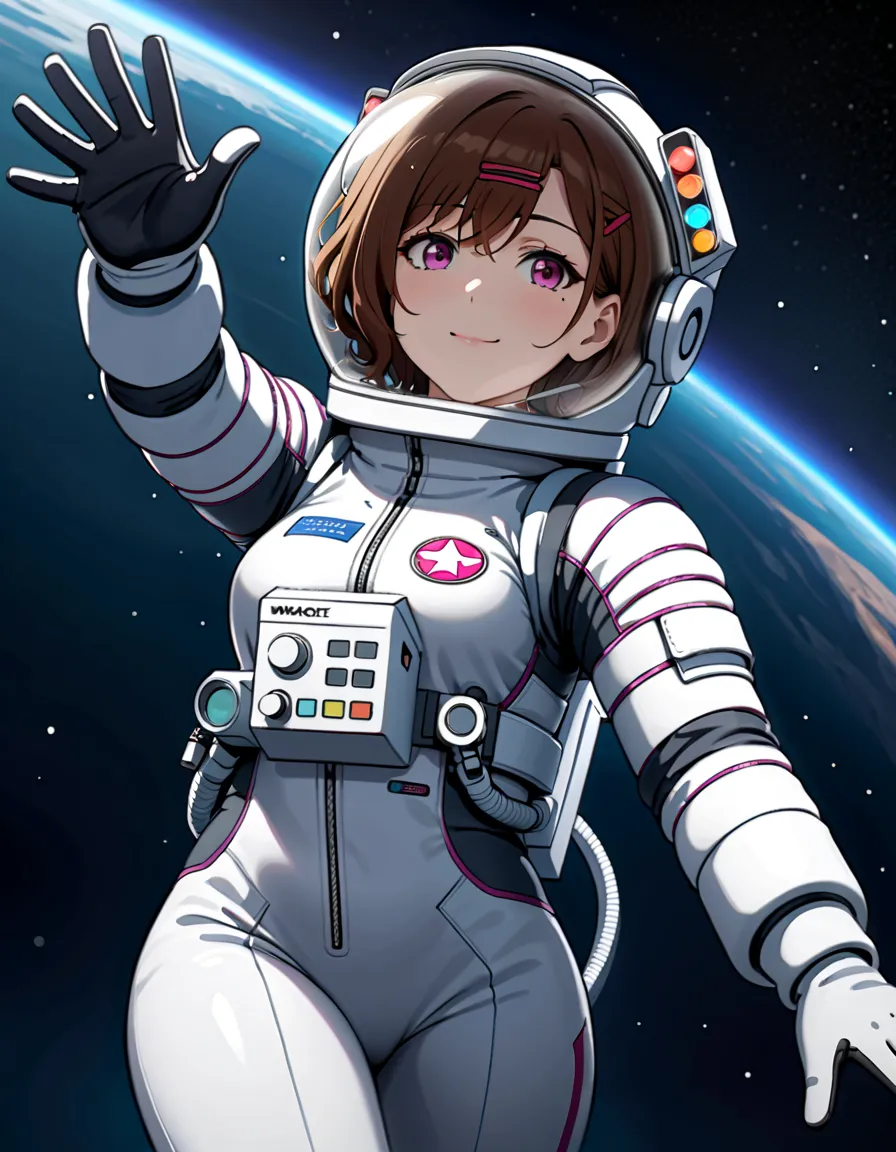 (spacesuit:1.15), white cargo pants, astronaut)bubble helmet, space helmet, gloves , , looking close at you, outer space, floati...