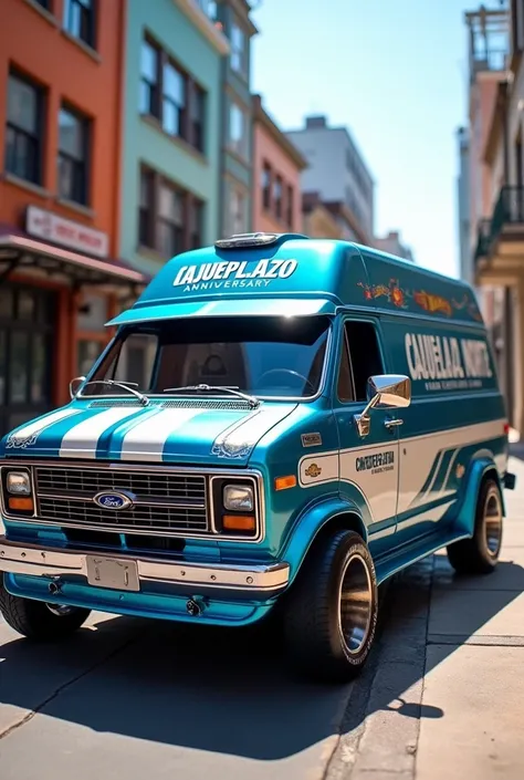 Ford f150 van from the year 1998 in metallic blue with white stripes on the hood Hotwheels, large letters with the word Cajuelazo Norte anniversary  