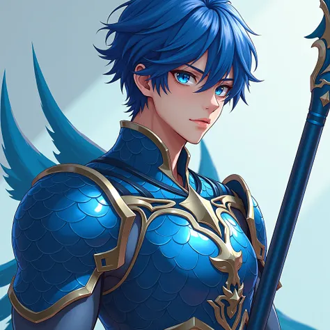 detailed portrait of a 19 year old anime-style male character, muscular and attractive, wearing a full body metallic armor inspired by a swordfish spirit animal, holding a long lance with a swordfish-shaped blade, blue and silver armor with scaly details, ...