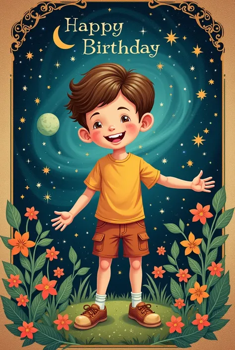 generate a birthday card for  boy. It must be vintage design.also include galaxy,stars,plants