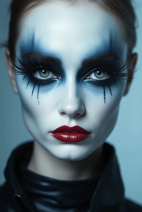 Makeup inspired by Hellraiser and Alien ,  with white colors , therefore, blue and red. No eyeliner ,  with long lashes and medium thickness eyebrows. Instagram blogger-style makeup 