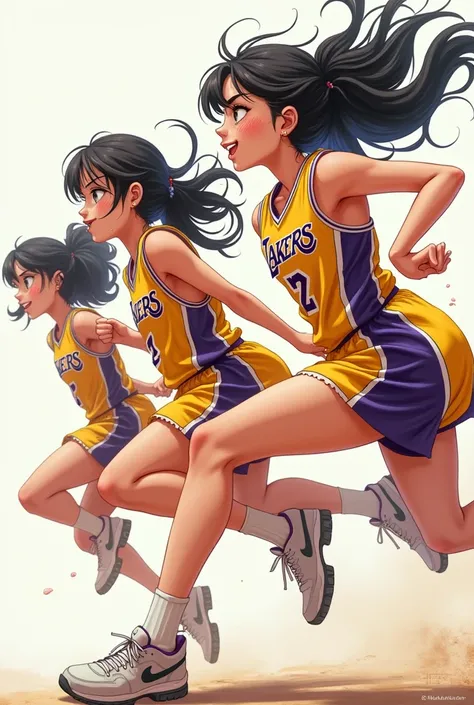 Sweating Anime girls jumping in loose semi transparent lakers jersey side view pants are short and tight