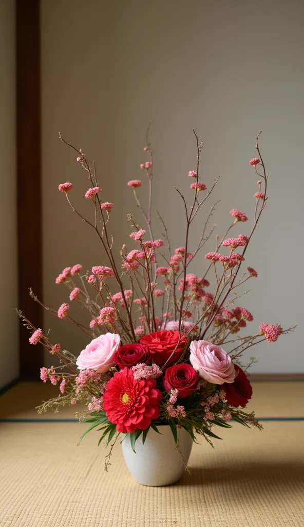 (Best Quality、masterpiece、 Hi-Res)、 RAW photos from the last century、 Film Grain 、  minimalist image 、Wabi-sabi art、赤い花とピンクの花がメインのFloral arrangement、Gypsophila、180mm x 90mm 畳、Tatami room、Floral arrangement、
 simple background,  background blur,  Look Down, 