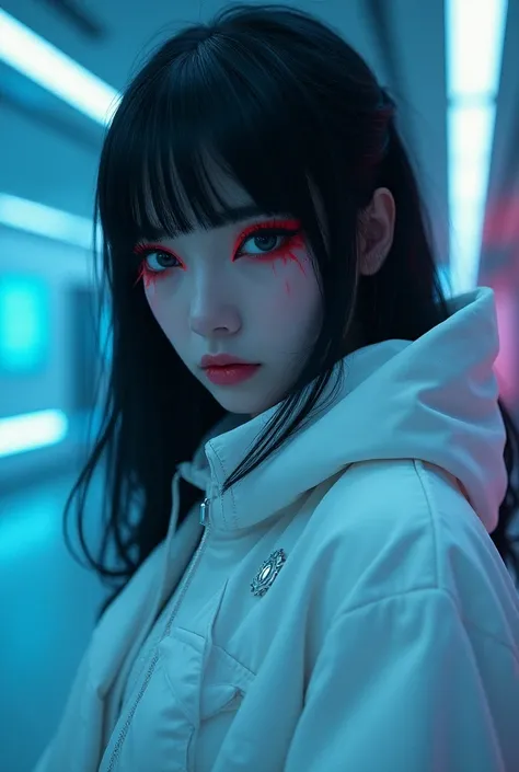 Futuristic Gothic Cyberpunk ,  with white colors , therefore, blue and red. No eyeliner ,  Makeup with Long Lashes and Medium-Thick Eyebrows. Instagram blogger-style makeup 