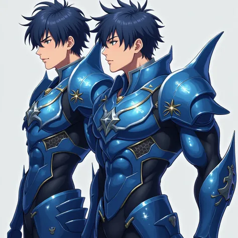  Full size image ,  bath,  from head to toe,  in profile and in front of , Young boy, 19 years old, male anime character , strong, muscular, very handsome,  attractive and sexy , with armor,  armor based on his animal spirit, warrior, fighter, with armor m...