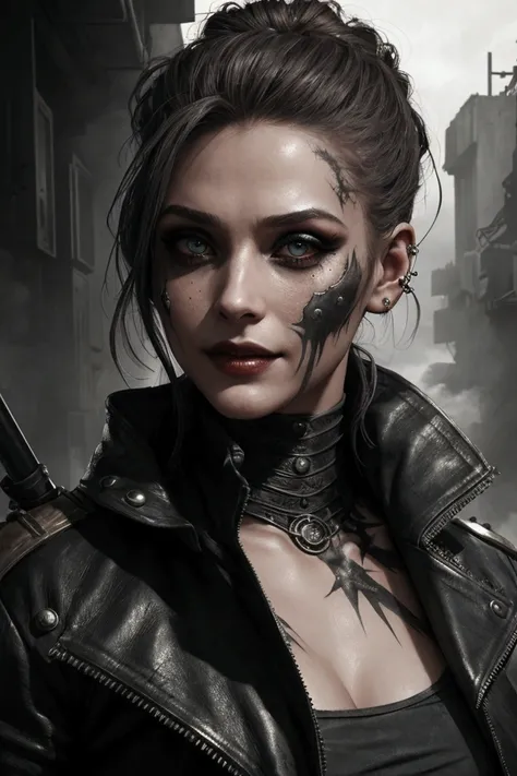 sexy dystopian femme fatale, 1 woman, detailed facial features, piercing eyes, insane smile, 
big weapons, madness, excessive striking makeup, wild hairstyle, post-apocalyptic outfit, leather jacket, metal accessories, rugged environment, gritty textures, ...