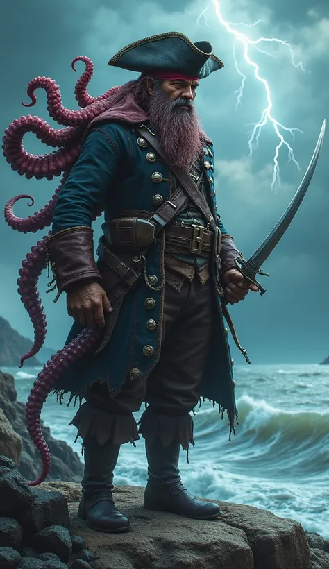 Create an intense digital artwork of a pirate captain-octopus hybrid, combining the fierce authority of a pirate with the ominous power of an octopus. This creature stands defiantly atop a rocky shore, dressed in tattered pirate attire with a tricorn hat, ...