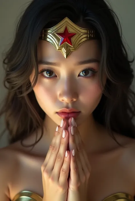 You can press a cloth against your mouth 、Suffering face、 Wonder Woman。masterpiece、 Beautiful Girl、fine 目、puffy eyes、Bright spot、Best Quality, 超 Hi-Res, (reality: 1.4),  cinema writing, very pretty 、完璧な Wonder Womanのコスチューム。Very pretty face。Japanese 20 year...