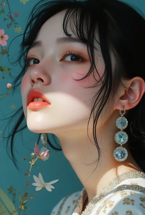 有一个女人正在Look in the mirror 里的自己的反射, Inspired by Cheng Yanjun , Porcelain white skin,  Soft portrait shooting 8 K , Pink soft light 4k, glowing Porcelain Skin , Pink face,   White skin and reflective eyes , Look in the mirror , glowing Pink face,  pale porce...