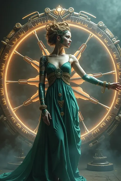 The goddess, fortuna and the wheel of fortune, highly technologically advanced and cybernetically enhanced. High Resolution, Masterpiece, Award Winning, Best Quality, High Details, High Quality, UHD, Optical Illusion, Impressionism, Art Deco, Cinematic, Ci...