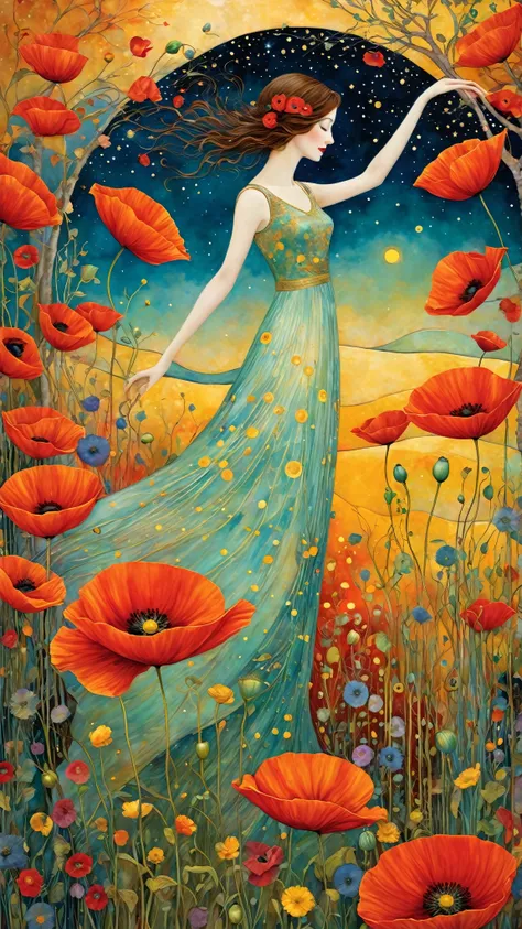 Create a mesmerizing scene inspired by the enchanting art styles of Klimt, Sam Toft, Florine Stettheimer, Dina Wakley, Catrin Welz-Stein, Gabriel Pacheco, and Elisabeth Fredriks.

Depict a pretty creatures, many faces, gracefully dancing with arms uplifted...