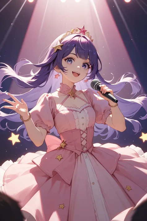 a virtual idol with long purple hair and pink dress on stage holding a microphone wearing pink headhphones under spot light singing stars shining