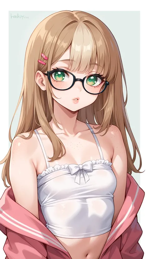 1 Nerdy Girl, Small Breasts, Soft Brown Hair, Light Blond Highlights In Hair, Long Straight Hair Style, Light Red Ribbons In Hair, Soft Hair, Light Green Eyes, Glasses, Freckles, Pale Skin, Smooth Skin, Soft Features, Nice Lips, Cute Face, Nerdy Girl, Nerd...