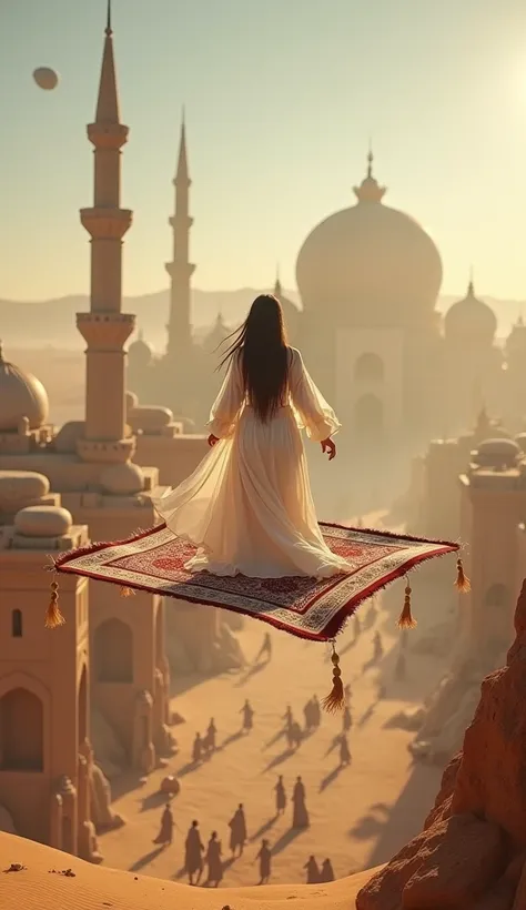 a beautiful long-haired woman wearing a white dress climbing a magic carpet is floating in the middle of a fantasy city in a desert area crowded with residents