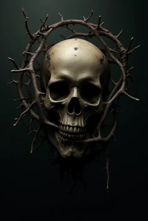  A human skull surrounded by a crown of barbed wire ,  with bones or dead branches that wrap around the skull and form a kind of disturbing halo