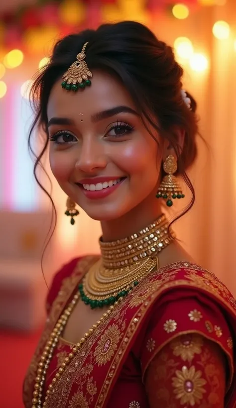 "A highly realistic image of a beautiful young Indian female, around 20 years old, with a round, full face and captivating dark eyes, dressed in a traditional, elegant wedding outfit with intricate jewelry. She has a warm, joyful smile on her face, radiati...