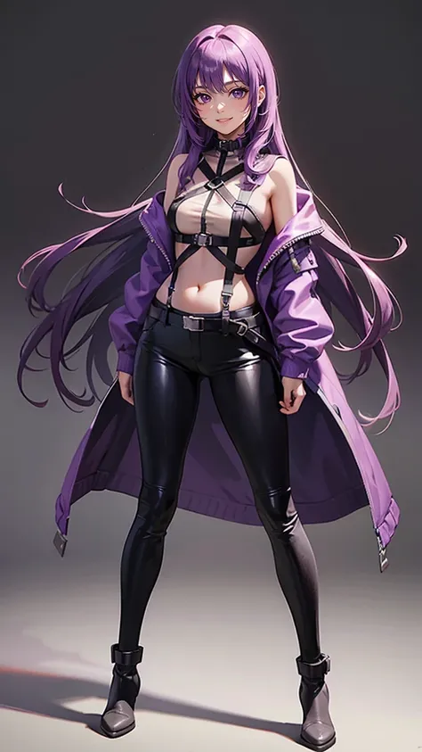 Purple Hair, girl,1 person,Long Hair,Harness,pants, boots, simple background,smile,whole body,whole body, Position ,Standing photo ,vtuber,Front,Viewers&#39; Perspective,Focus your gaze on the Front,Arms at your sides