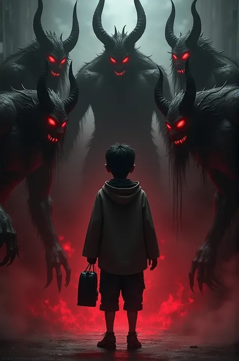  boy carrying bag showing his back and facing 5 devils who are surrounding him in black and red background 