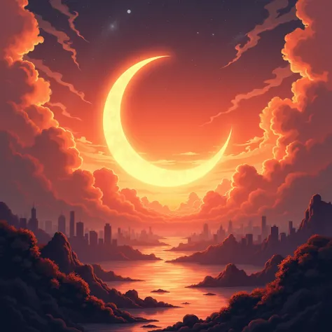 CREATE A LOFI STYLE LANDSCAPE. a moon, ORANGE SKIES, nebula, PASSIONATE SKY ANIME CITY