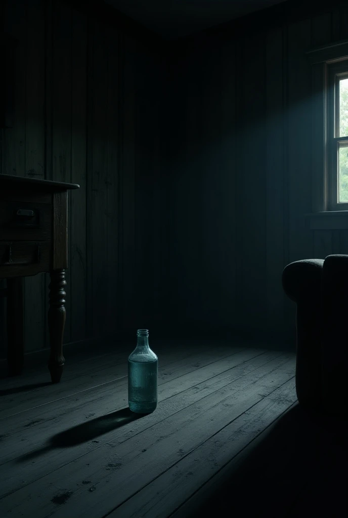 A dark, eerie wooden cabin interior with a horror vibe. Shadows stretch across the dusty floor and old, decaying furniture. In the center of the floor, a single, worn water bottle lies, slightly tilted, casting a faint shadow. Mysterious, faint markings ap...