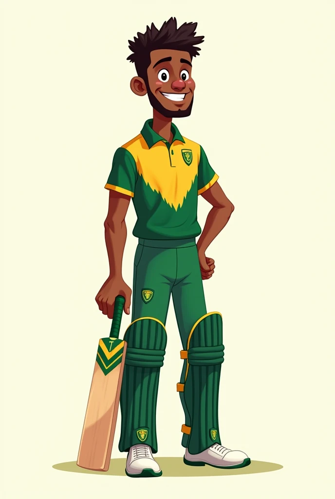 

"Create a cartoon-style image of a South African cricketer standing confidently, wearing the South Africa cricket team uniform in green and yellow colors. Keep the background simple, with a light outline around the cricketer to make the figure stand out....