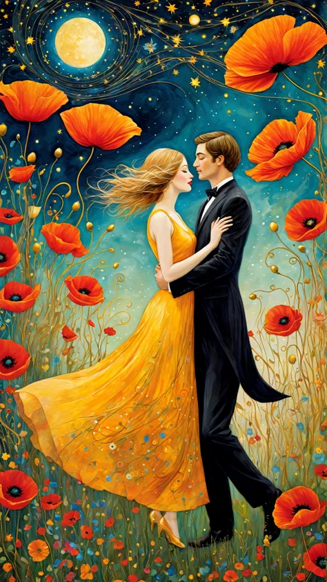 Create a mesmerizing scene inspired by the enchanting art styles of Klimt, Sam Toft, Florine Stettheimer, Dina Wakley, Catrin Welz-Stein, Gabriel Pacheco, and Elisabeth Fredriks.

Depict a pretty couple man and woman with dark blonde hair, gracefully danci...