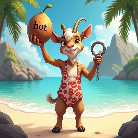 Create a young male goat standing on the beach sand holding a coconut written HOT in one hand and a handcuff in the other, wearing a swimsuit with kisses on it with the sea in the background, coconut trees and mountains in the background 