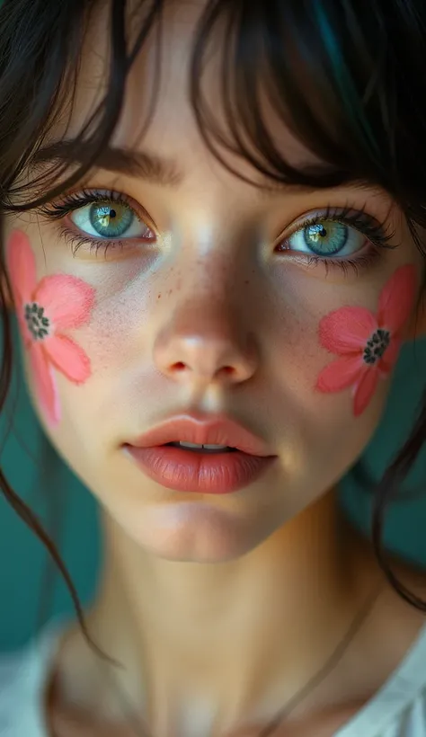 Ultra-realistic close-up portrait of a stunning young woman with captivating, glowing blue eyes, framed by soft, natural lashes. Her face is adorned with delicately painted pink flowers on her cheeks, blending seamlessly with her smooth, radiant skin. Subt...