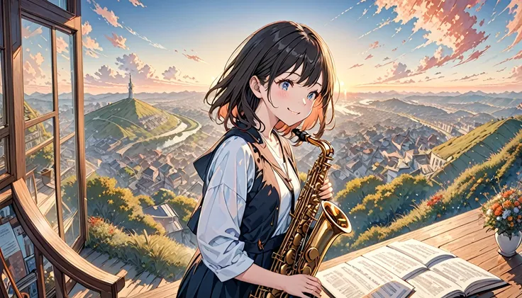 Teenage girl with medium hair playing the saxophone, smiling and looking down on the city from a hilltop at sunset, highly detailed, surreal, tabletop, best quality, shape, wallpaper, super detailed