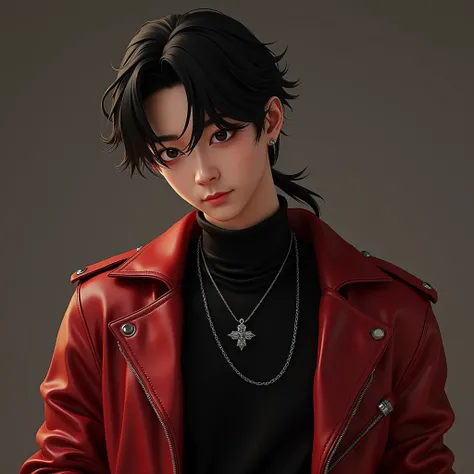 A Korean handsome man dressed in a shiny black turtle necked t-shirt, red leather jacket over it,Medium Hair, , Naughty Face, black eyes, Jewelry, Cinematic Lighting, High Quality, HD,  Anime Style, C4D, in a modeling pose,Closed Mouth, Super Detailed, hai...