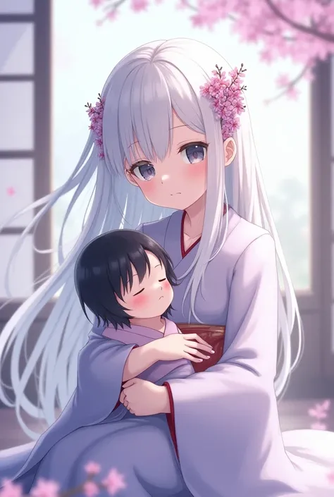  a female character with white hair and gray eyes wearing a Japanese outfit with veils and lilacs , You have your baby in your lap ,  the baby has black hair and is a  ( has his eyes closed), ela já é adulta anime style ART,  pfvr dont forget to do her wit...