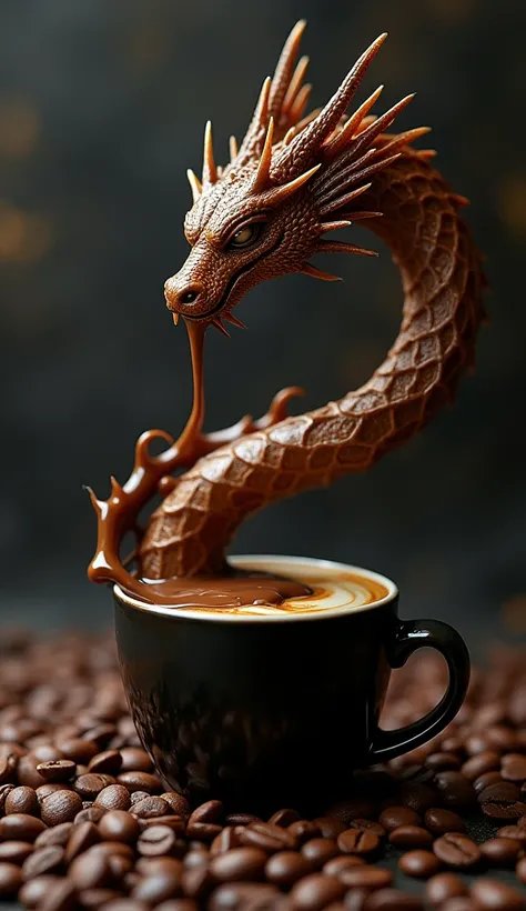 Surreal art blending the essence of love and coffee. Imagine a majestic naga entwined with flowing chocolate from an elegant black cup. Surround the scene with coffee beans and a dark, elegant background to enhance the intense and relaxing atmosphere. The ...