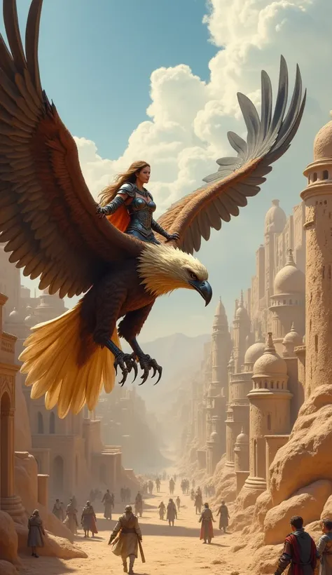 a beautiful female knight climbs a giant eagle bird and flies in the middle of a fantasy city in a desert area crowded with residents