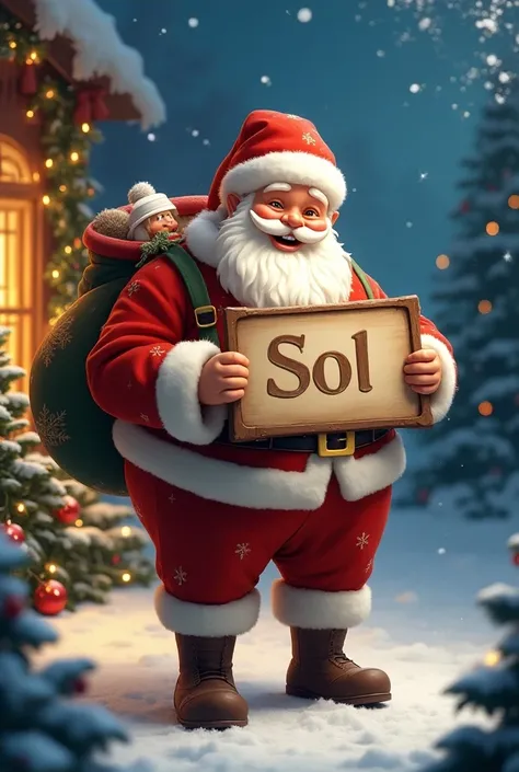 Prompt : père Noël tenant une pancarte avec Sol sur fond noël