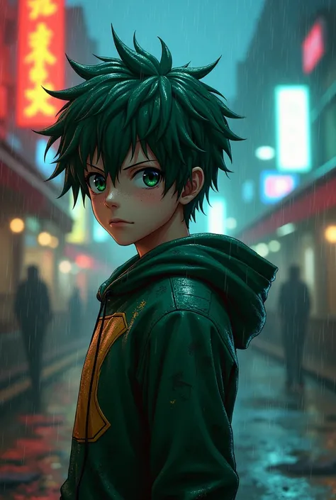 (Izuku Midoriya) stands alone on a dimly lit street, drenched in (heavy rain), his (green hair) dripping with water. His eyes show intense focus, his gaze locked forward, each (freckle, each scar, each subtle wrinkle) captured in (extremely fine detail). D...