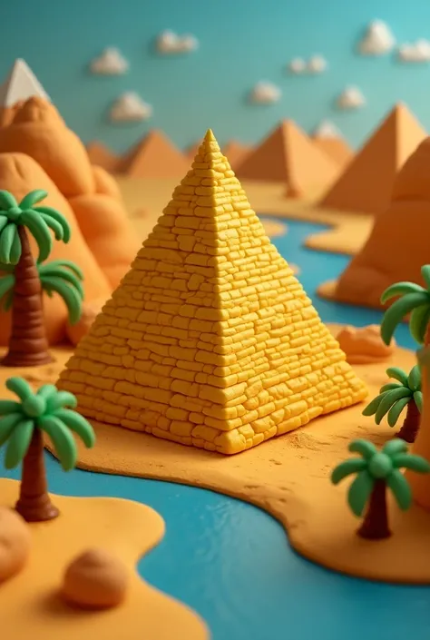  A pyramid that is the closest thing that is made of plasticine and has a landscape of Egypt, as if a human had done it 