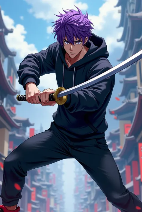 Man Swordsman from anime with purple hair, black sweatshirt, black pants and red shoes 