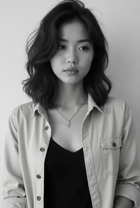 A black and white image of a young woman with medium-length wavy hair. She wears a casual yet stylish outfit consisting of an unbuttoned light shirt over a dark top, complemented by a delicate necklace with a small pendant. Her makeup is minimal, accentuat...