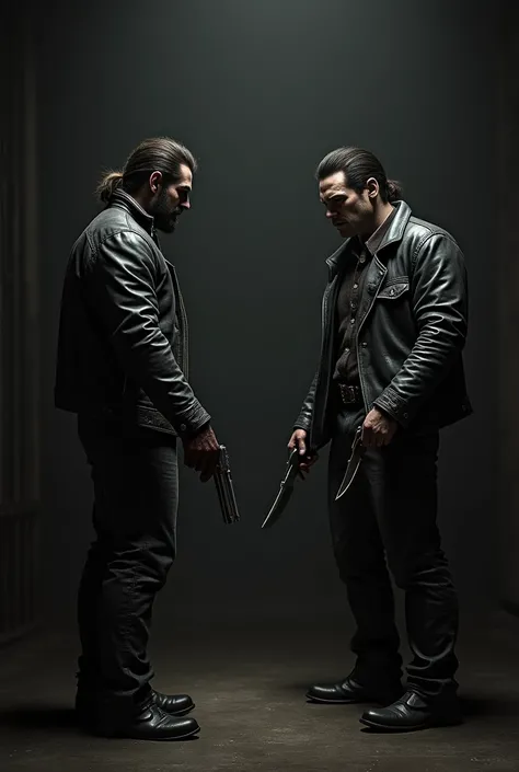 The first man wearing a leather jacket and leather pants and leather gloves threatens the other with a handgun in one hand with a small knife in the dark