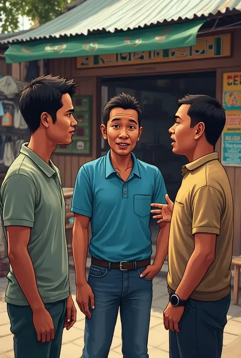 THREE GUYS IN FRONT OF A SARI-SARI STORE

Then other guy who wear blue shirt start talking 