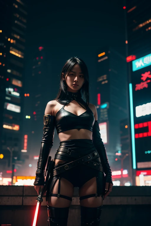 a woman standing in the middle of a city holding a sword, cyberpunk art inspired by Maciej Kuciara, cgsociety, fantasy art, katana zero video game character, very beautiful cyberpunk samurai, katana zero, high detailed