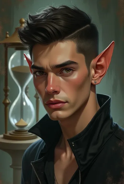 A handsome young man. With pointed ears .  An hourglass in the background
