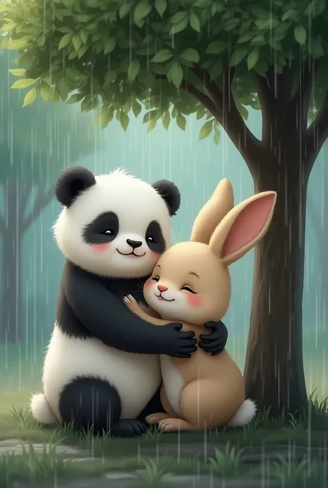 Panda and bunny huddling together under a tree, both smiling warmly, as the rain continues. Pandas expression is happy and comforting, with a calm rainy day background."