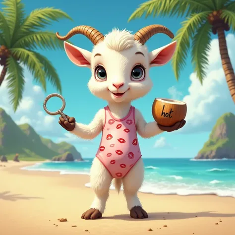 Create a very young male goat standing on the beach sand holding a coconut written HOT in one hand and a handcuff in the other, wearing a swimsuit with kisses on it with the sea in the background, coconut trees and mountains in the background 