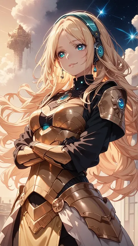 An elegant anime girl with long, straight blonde hair that flows down her back, wearing a sleek white and gold armored suit with a transparent helmet. She stands with her arms crossed, looking out over a cosmic city that floats above a planet’s surface. He...