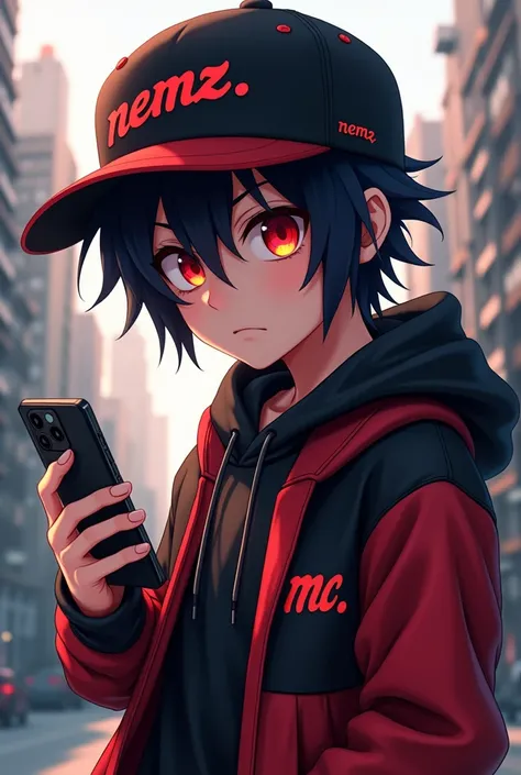 anime 3D boy gangster wearing black and red cap with name text " NEMZ." , and black and red hoodie jacket  text name " MC." holding  phone in the city backdrop with red eyes and his hairstyle inspired by sasuke